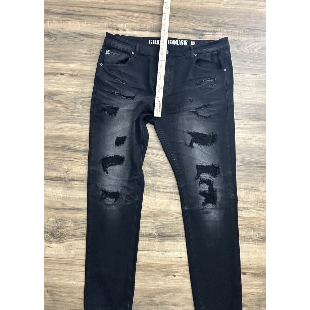 Grindhouse Denim Mens Straight Fit Jeans Size 40 Black With Covered Rips - Picture 5 of 10